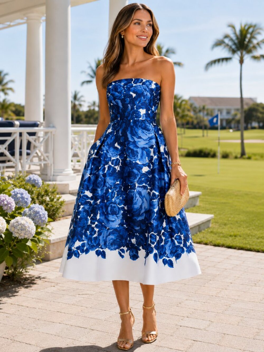 Sachin & Babi Shay Floral Strapless Midi Dress Blue Mikado Printed NWT 6